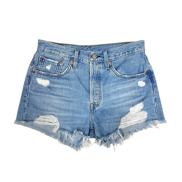 Levi’s 501 High Rise Button Fly Distressed Cutoff Rigid Denim Jean Shorts - Picture 1 of 9